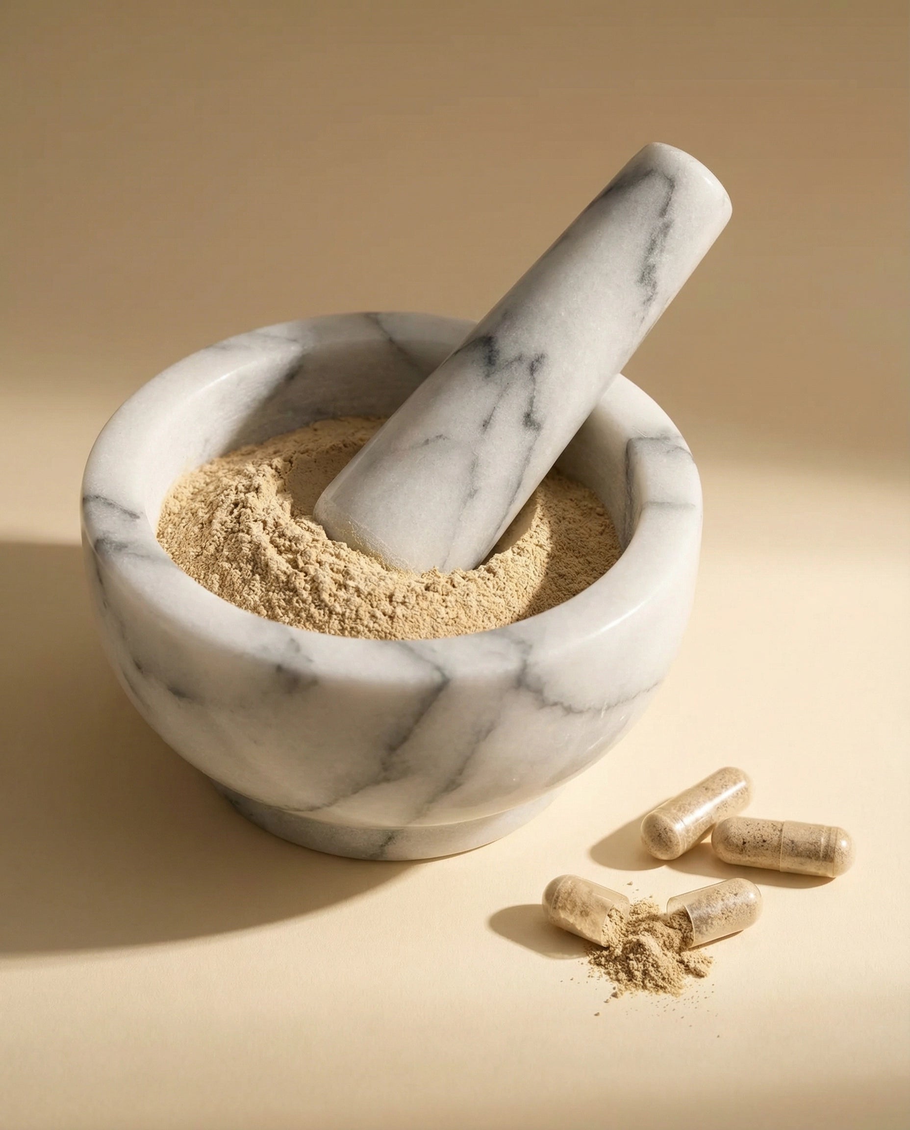 base. Kapsel neben Mörser und Stößel — traditionelle Zubereitung trifft moderne Supplement-Wissenschaft