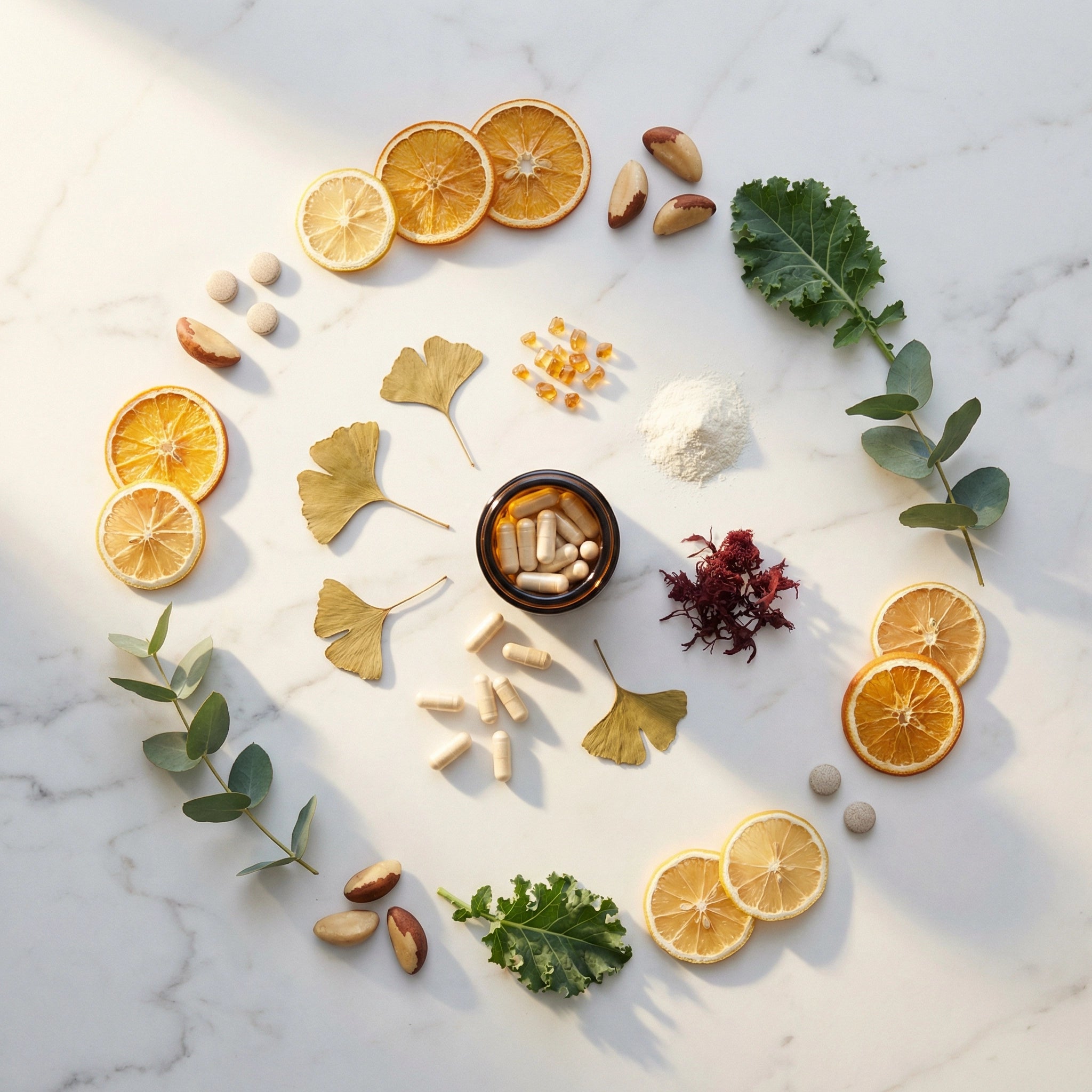 Hochwertige Supplement-Inhaltsstoffe in edler Flat-Lay-Anordnung auf Carrara-Marmor